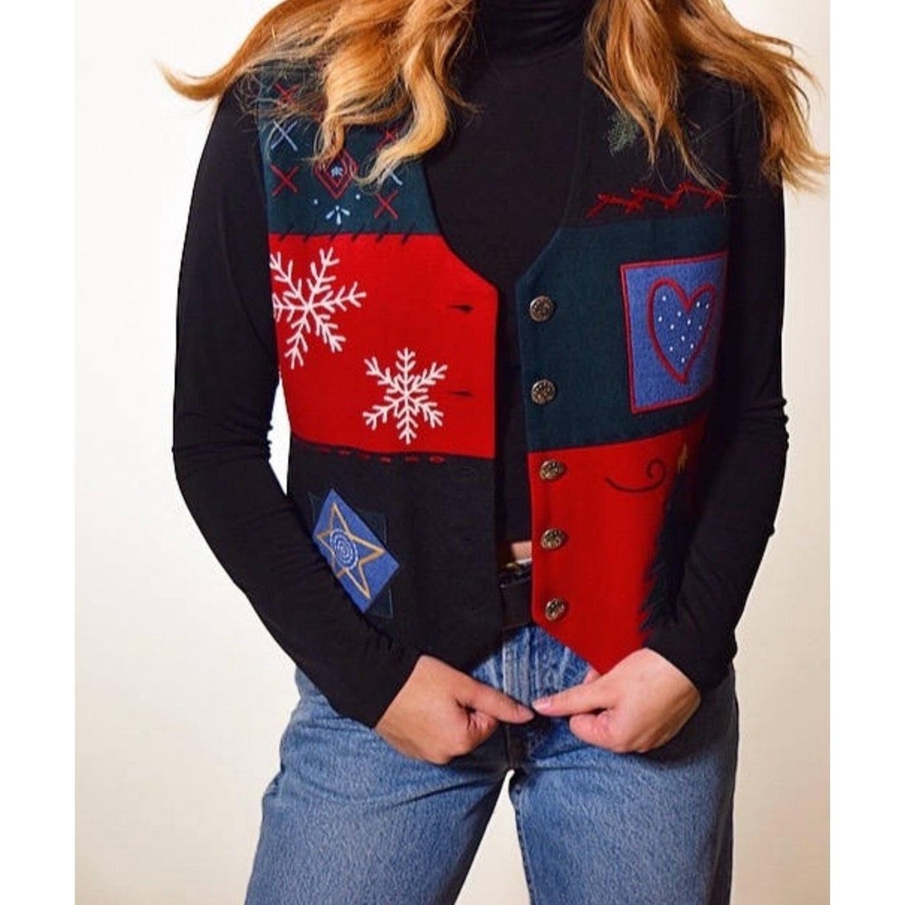 Vintage Talbots Christmas Holiday Vest Embroidered Patchwork Button Front Crop 8